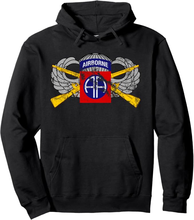 U.S. Army 82nd Airborne Division Hoodie | Infantry Rifles & Paratrooper Wings | Full Chest Distressed Look