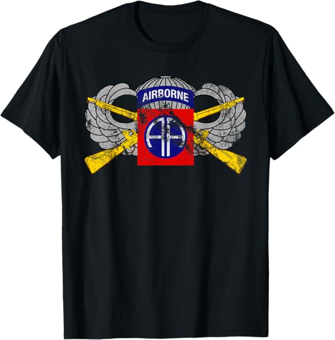 U.S. Army 82nd Airborne Division T-Shirt | Infantry Rifles & Paratrooper Wings | Full Chest Distressed Look