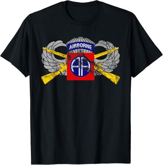 U.S. Army 82nd Airborne Division T-Shirt | Infantry Rifles & Paratrooper Wings | Full Chest Distressed Look