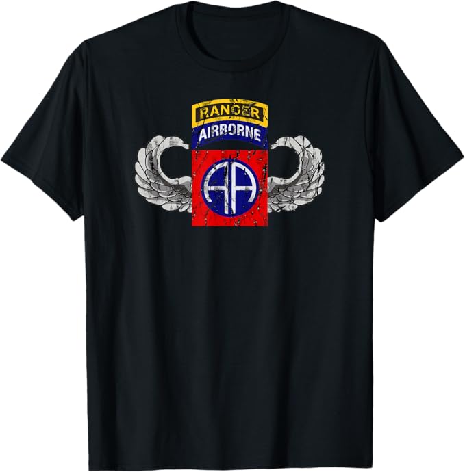 U.S. Army 82nd Airborne Division Patch T-Shirt | Ranger Tab Paratrooper Wings | Full Chest Distressed Look