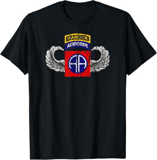 U.S. Army 82nd Airborne Division Patch T-Shirt | Ranger Tab Paratrooper Wings | Full Chest Distressed Look