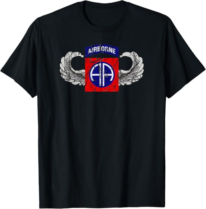U.S. Army 82nd Airborne Division Patch T-Shirt | Paratrooper Wings | Full Chest Distressed Look