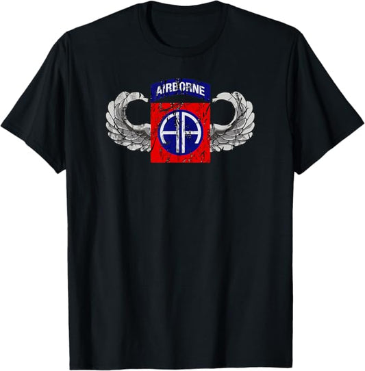 U.S. Army 82nd Airborne Division Patch T-Shirt | Paratrooper Wings | Full Chest Distressed Look