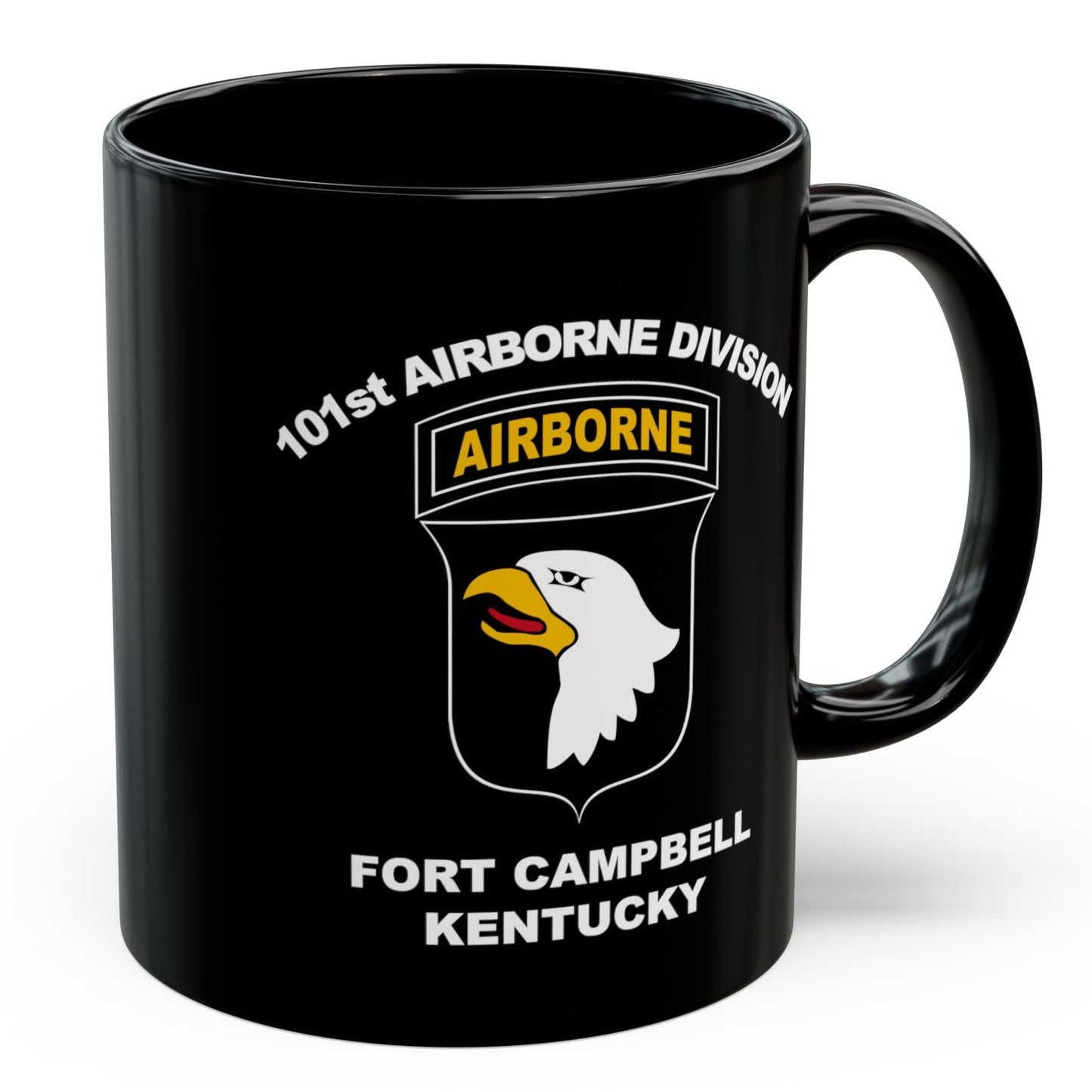 Black mug with 101st Airborne Division logo and text on a white background