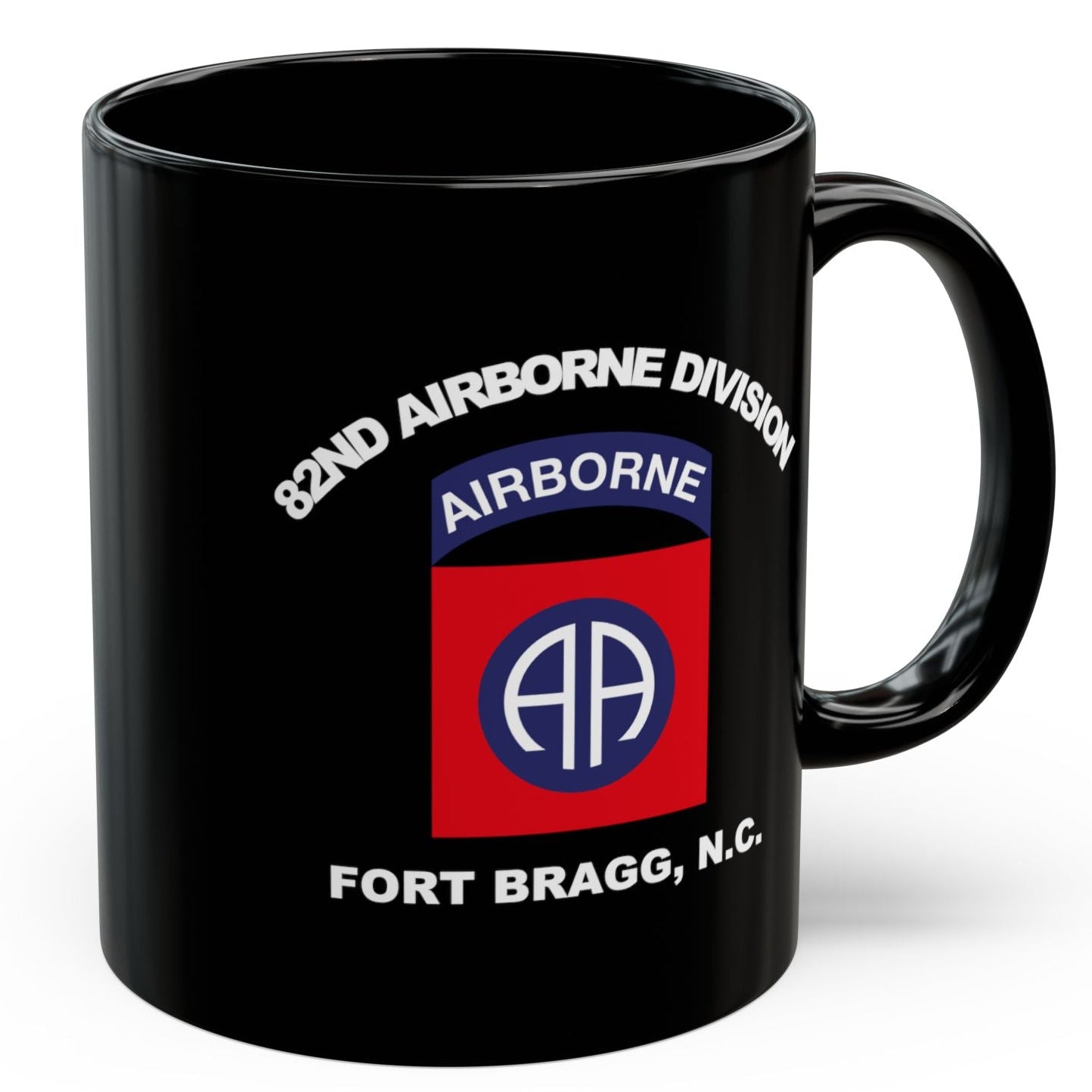 Black mug with 82nd Airborne Division logo on a white background