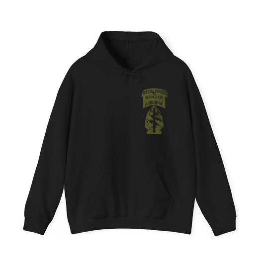 U.S. Army Special Force Patch Hoodie | SF & Ranger Tab OD Green Distressed
