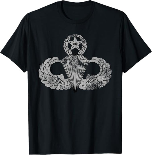 U.S. Army Master Parachutist Badge T-Shirt | Jumpmaster Wings | Full Chest Distressed Look