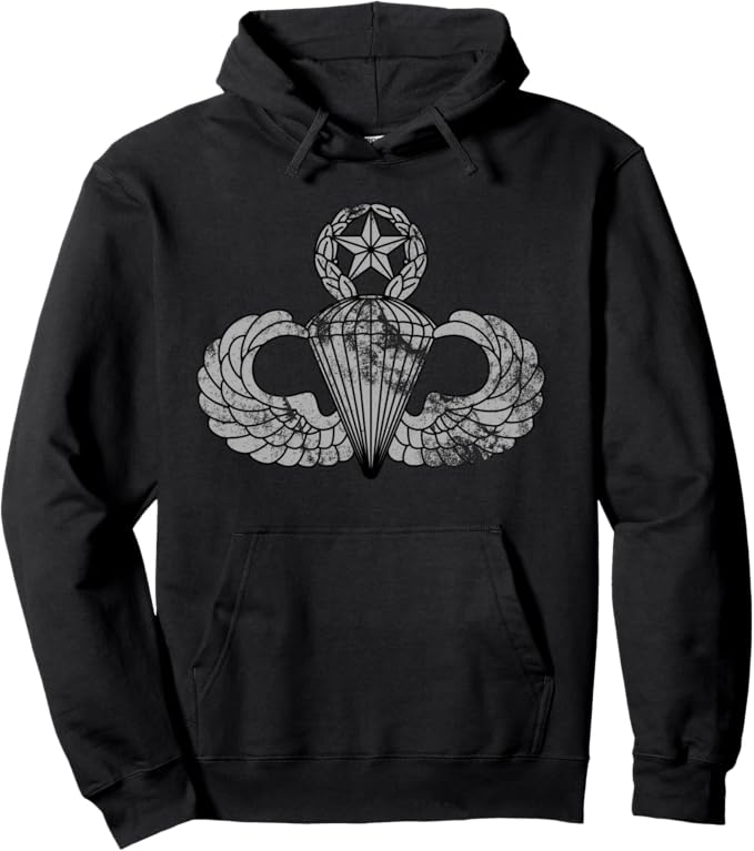 U.S. Army Master Parachutist Badge Hoodie | Paratrooper Jumpmaster Wings | Full Chest Distressed Look