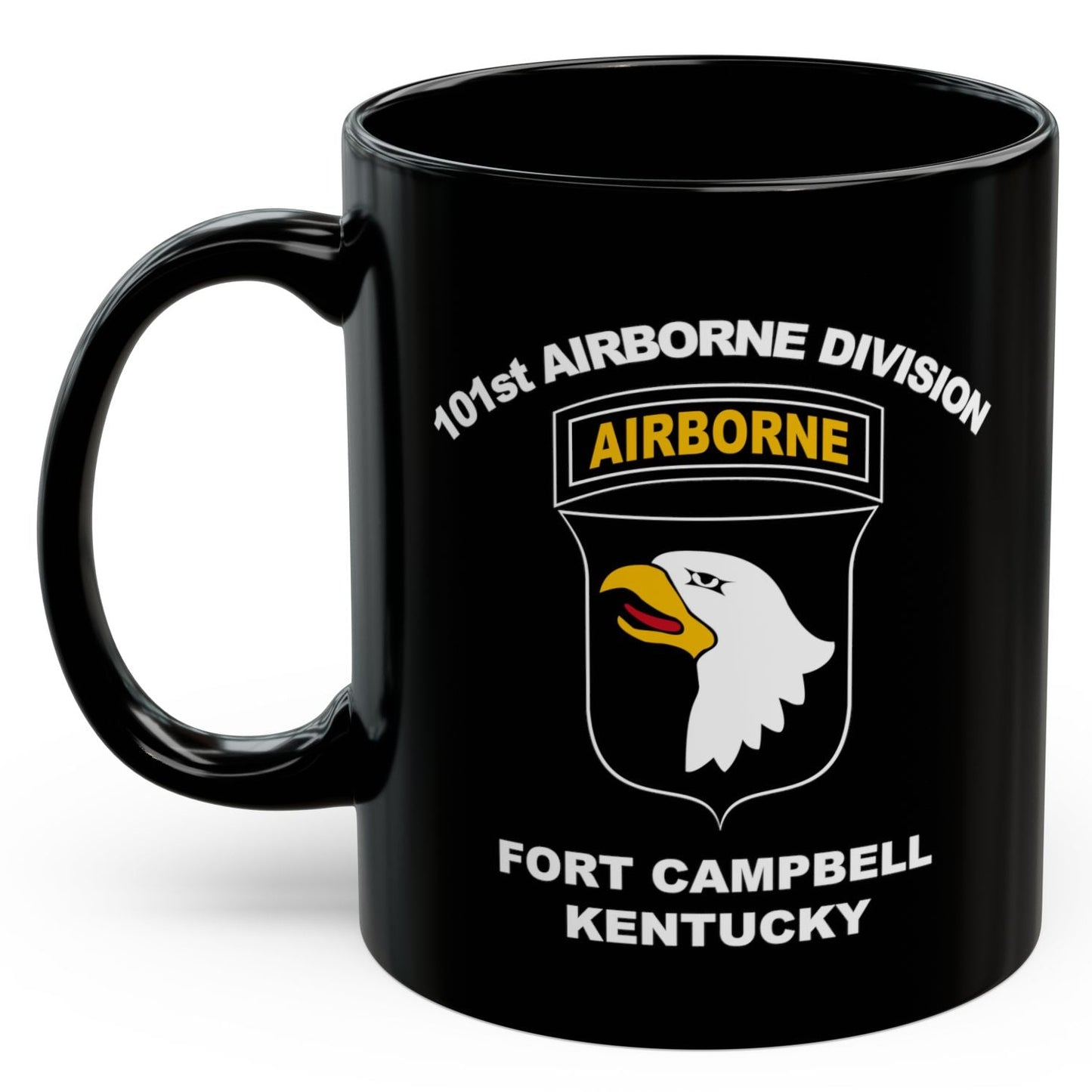 Black mug with 101st Airborne Division logo and text on a white background