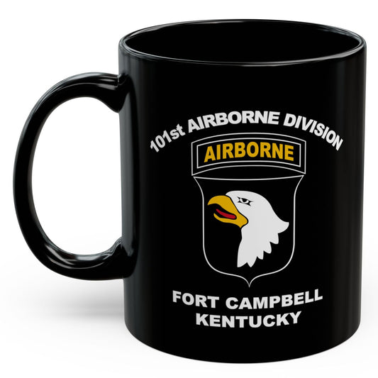 Black mug with 101st Airborne Division logo and text on a white background
