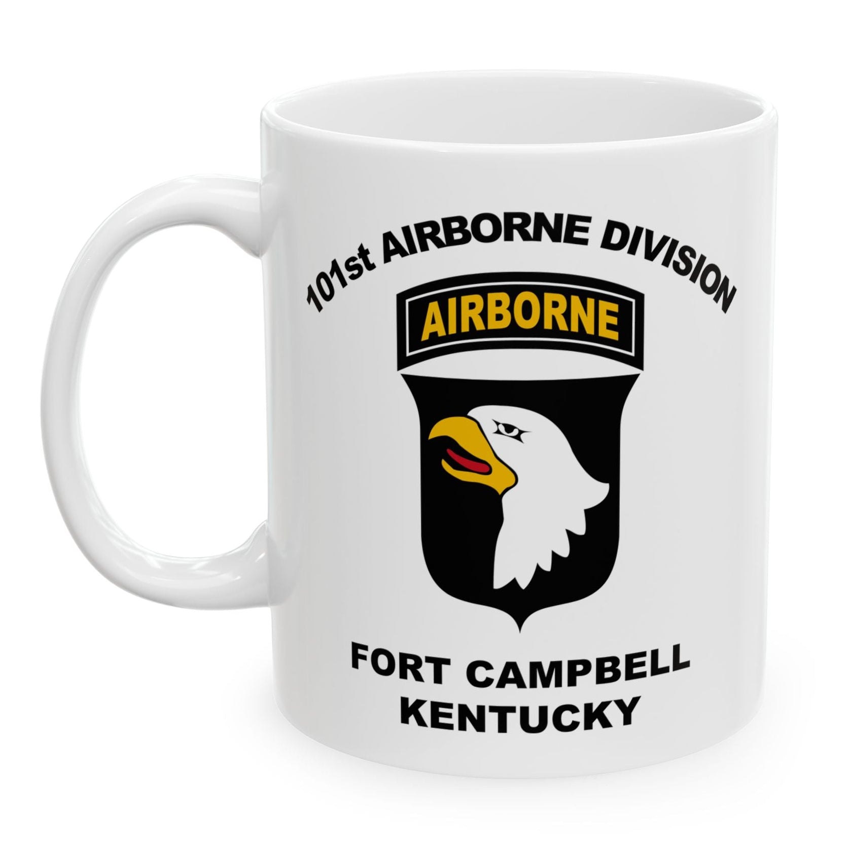 White mug with 101st Airborne Division logo and text on a white background