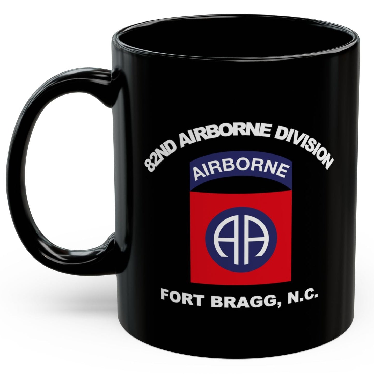 Black mug with 82nd Airborne Division logo on a white background