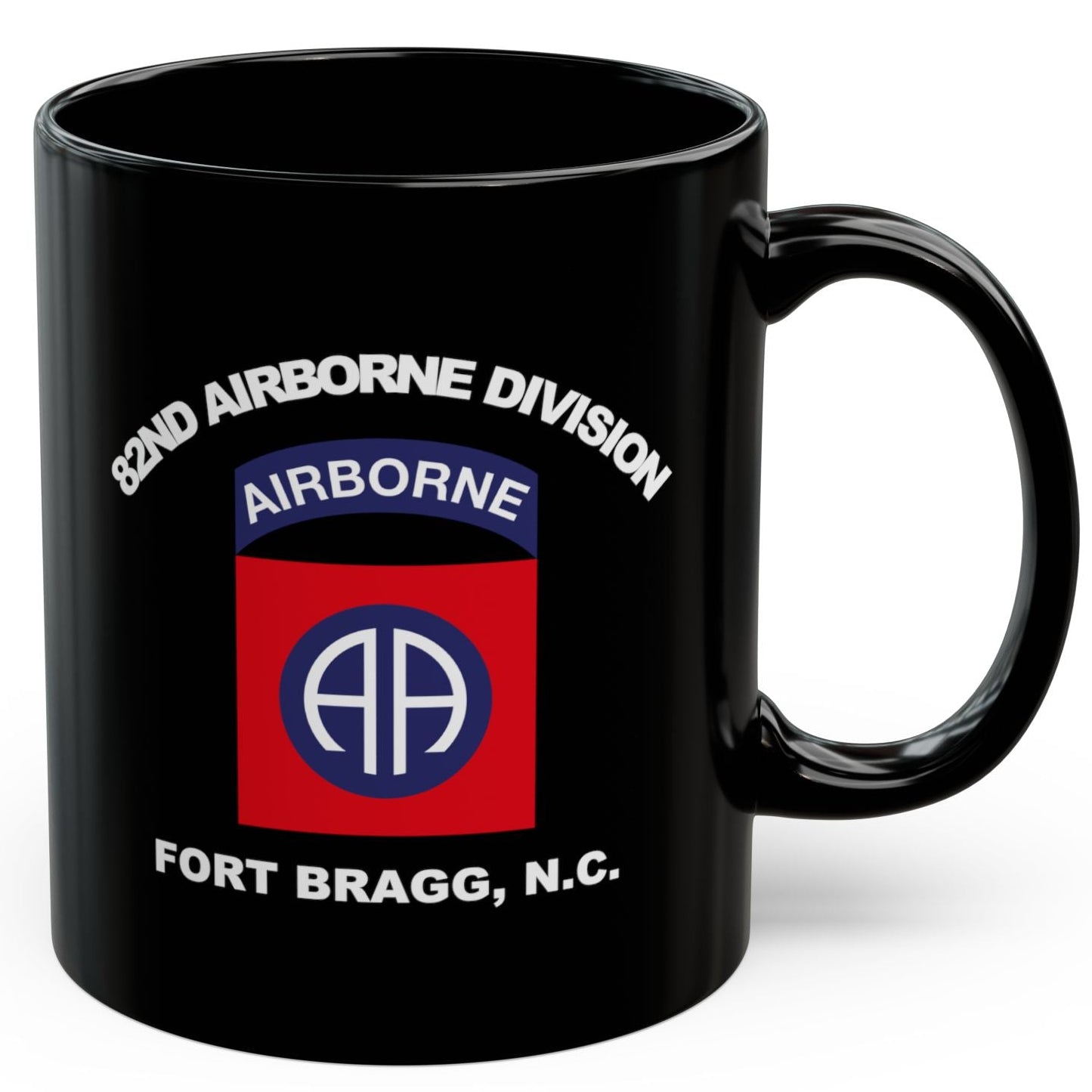 Black mug with 82nd Airborne Division logo and text on a white background