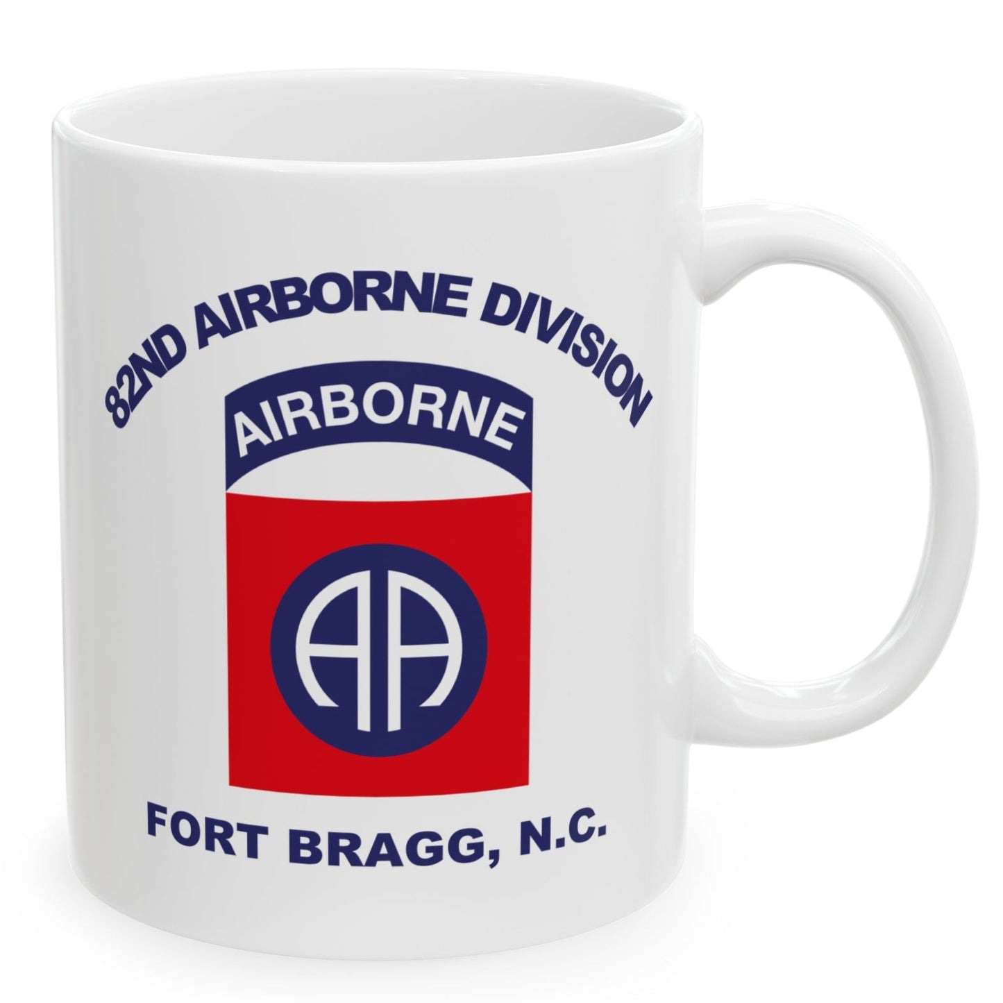 White mug with 82nd Airborne Division logo and text on a white background