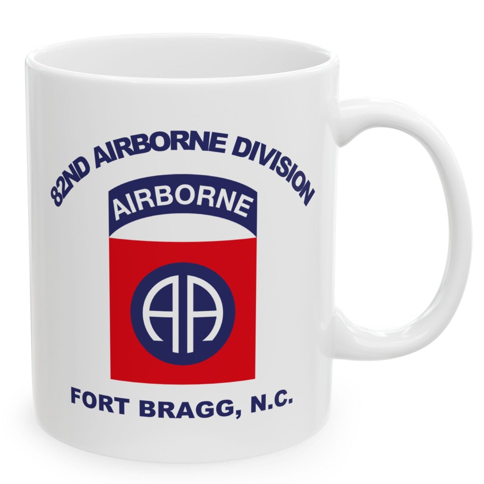 White mug with 82nd Airborne Division logo and text on a white background