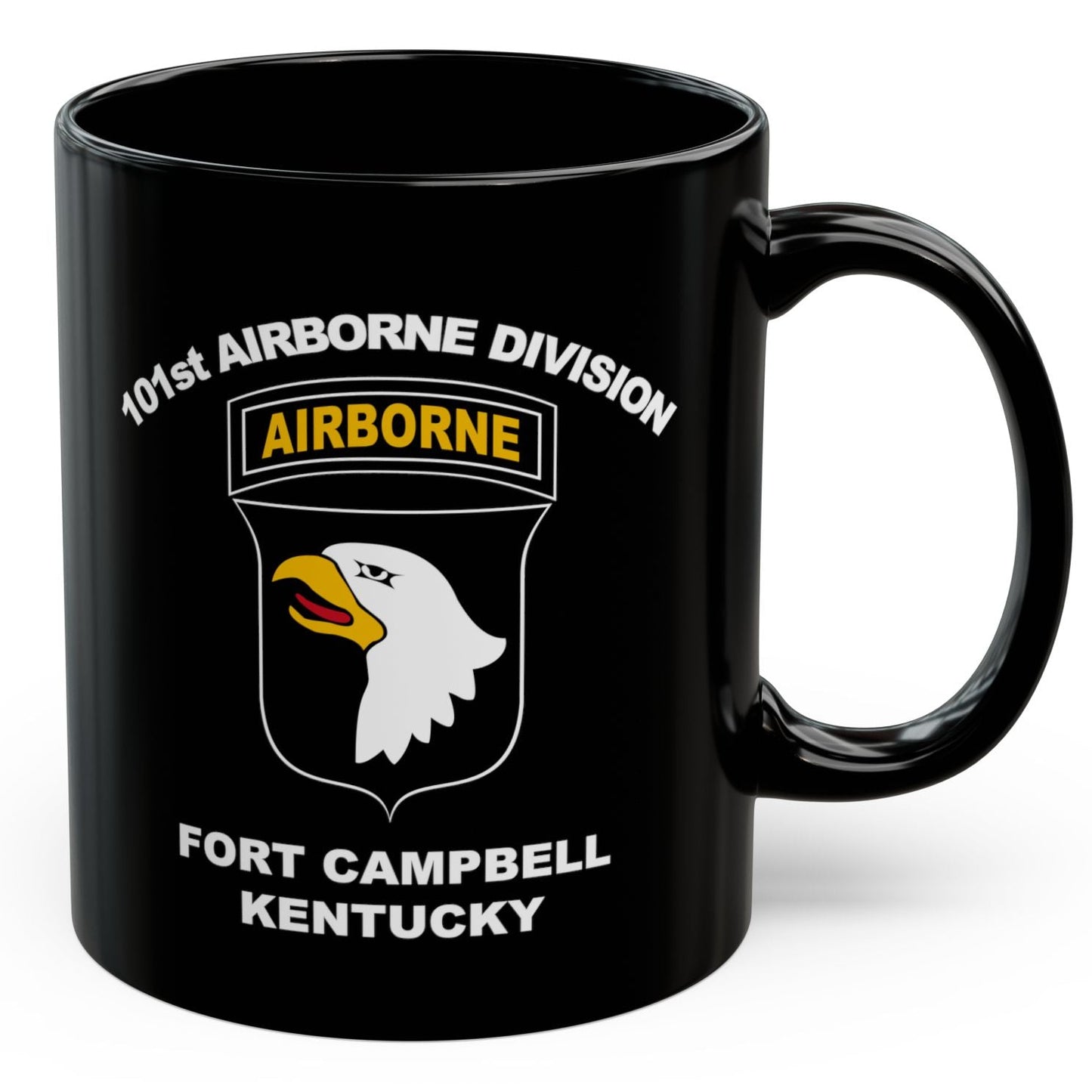 Black mug with 101st Airborne Division logo and text on a white background