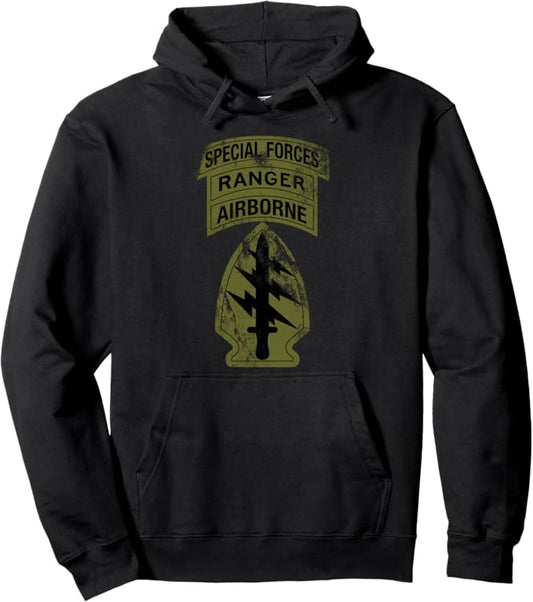 U.S. Army Special Force Patch Hoodie | SF & Ranger Tab OD Green Distressed Full Chest